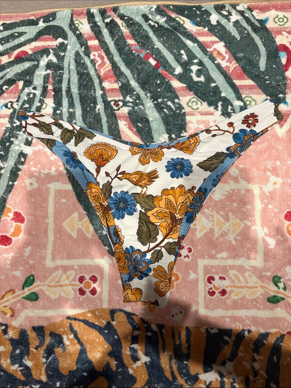Floral Print Women's Bikini Bottoms in White, Blue & Mustard